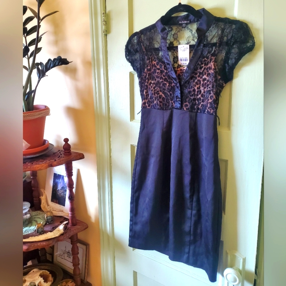 Y2K leopard & lace pencil dress Le Chateau office business wear retro pinup goth